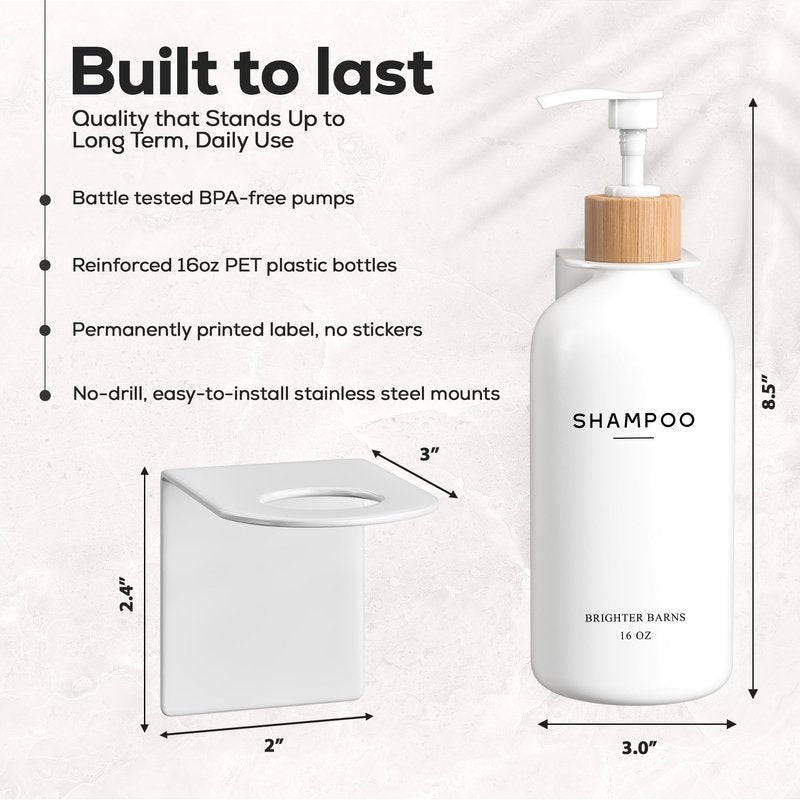White Shampoo and Conditioner Dispenser Set Wall Mounted by Brighter Barns - Shower Dispenser 3 Chamber No Drill - Refillable Shampoo and Conditioner Bottles for Shower Wall in Airbnb, Hotel (White)
