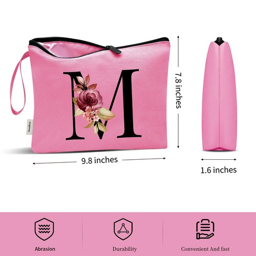 Vavabox A-Z Personalized Makeup Bag,Birthday Gifts for Women Mom,Gifts for Best Friend,Bride Bridesmaid Cosmetic bag (M, Peach)
