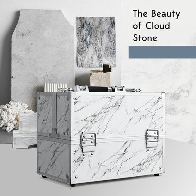 Frenessa Makeup Train Case Marble Leather Cosmetic Organizer Case 12 Inch Large Makeup Box 6 Trays Makeup Storage Organizer for Makeup Artist, Nail Tech Students, Craft Tools Travel Makeup Case Marble