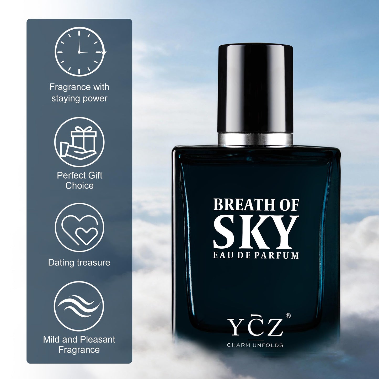 Ycz Breath of the Sky Eau de Parfum for Men, 1.7 Fl Oz (50 mL), Long-Lasting Cologne, Fresh Aromatic Woody Scent with Orange Blossom, Vanilla and Cedarwood Notes for Daily Wear, Travel and Gif