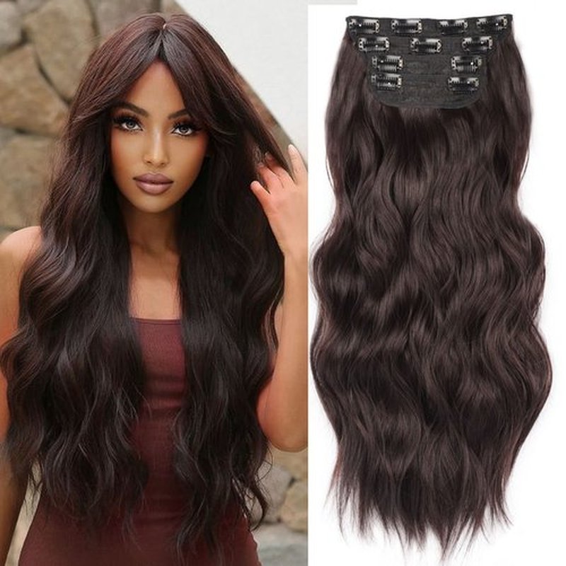 4pc Dark Brown Hair Extensions Clip in Synthetic Long Wavy Thick Hairpieces for women Double Weft Natural Hair Extensions (20INCH, 6A)