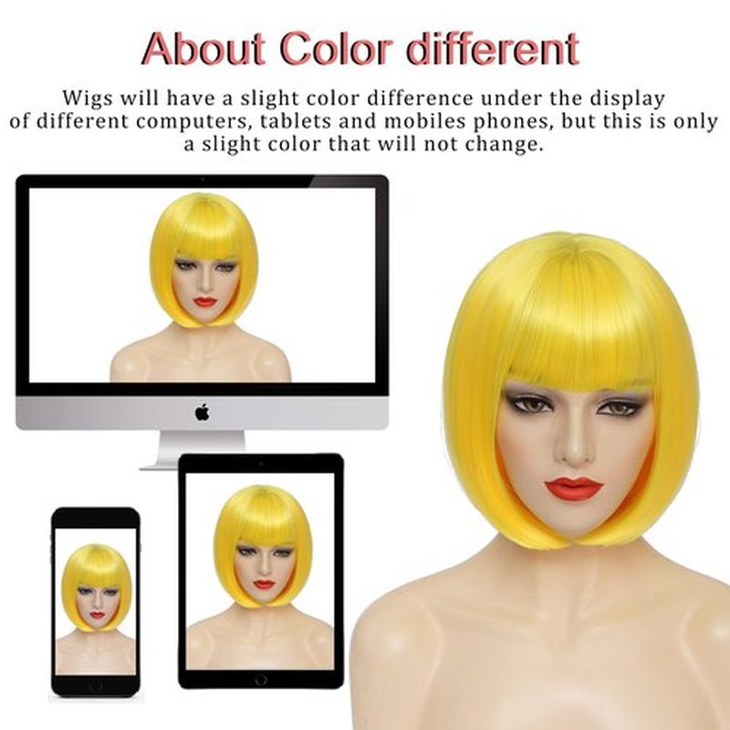 YBYMCAI Yellow Bob Wig With Bangs Short Yellow Bob Wigs For Women Straight Bob Bangs Wig 10 Inch Natural Looking For Daily Party Use
