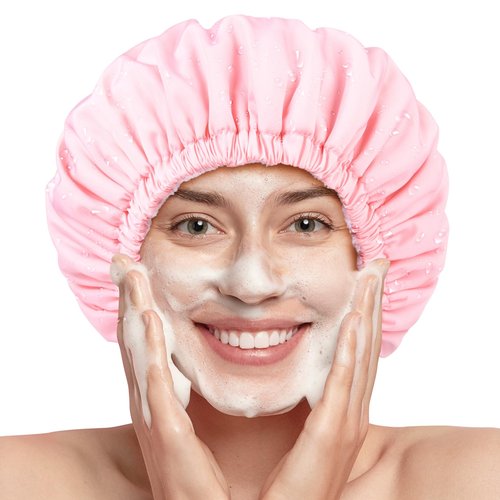 Pink Shower Cap for Women Terry Lined Bath Cap Large Reusable Waterproof Elastic Band Shower Caps for Long Thick Hair Soft Bath Shower Hair Caps