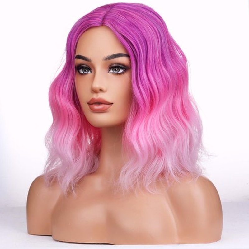 BERON Rose Pink Wigs for Women Short Curly Wavy Wig Girls Middle Part Ombre Pink Purple Colorful Body 14 Inch Heat Resistant Synthetic Hair Wig Cosplay Daily Party Wigs