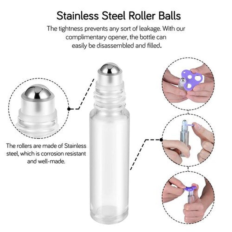PrettyCare Essential Oil Roller Bottles 10ml (Clear Glass Bottle with Silver Cap, 12 Pack, 2 Extra Stainless Steel Balls, 24 Labels, Opener, Funnels Roller Balls for Oils, Roller on Bottles