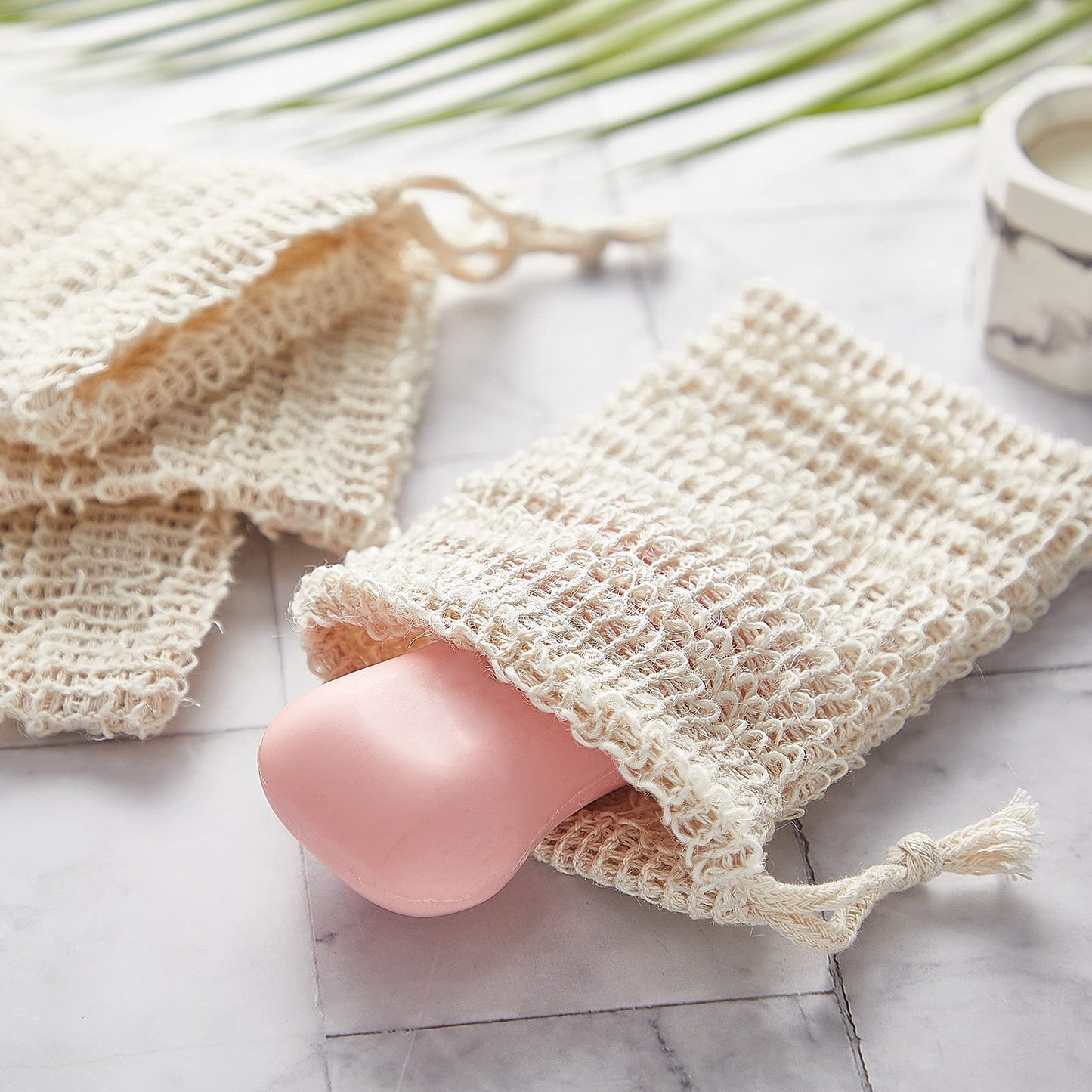 BBTO 5 Pieces Soap Saver Bag Cotton Linen Exfoliating Soap Pouch for Foaming and Drying, Shower, Scrubber(10 x 15 cm,Beige)