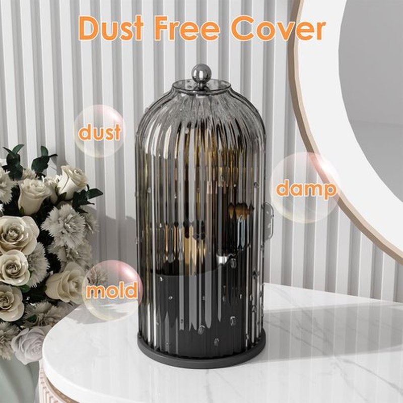 YOOLENS Makeup Brush Holder Organizer with Lid,360 Rotating Clear Dustproof Makeup Brushes Organizer for Vanity Desktop Bathroom Countertop, Black
