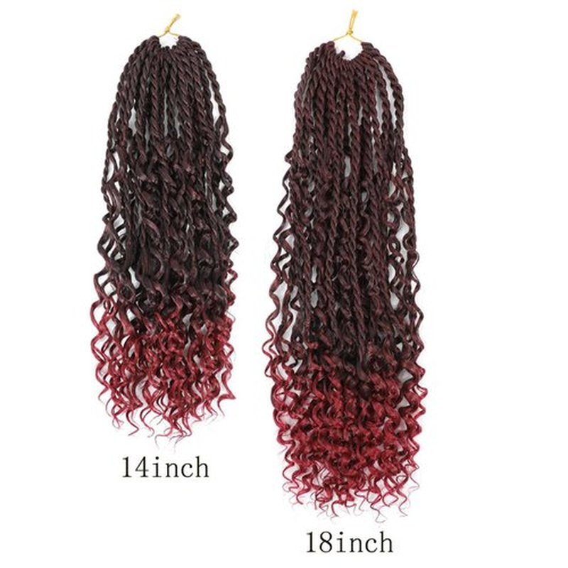 Goddess Twist Braids Crochet Hair With Curly Ends Senegalese Twist Braids Crochet Braids 6 Packs ombre black Burgundy Crochet Synthetic Braiding Hair Extension for Black Women (14inch, Tbug)