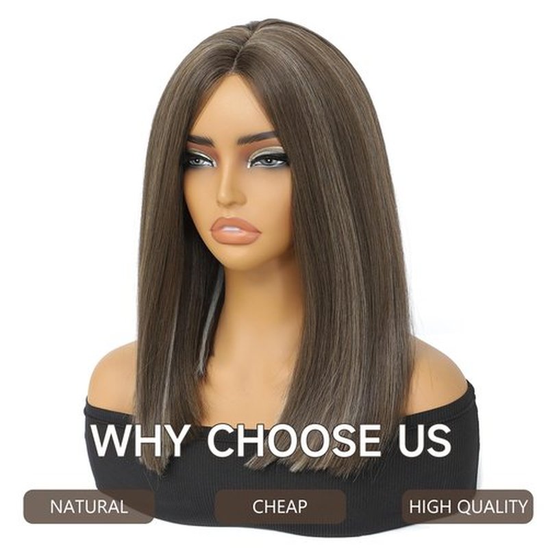 Higlight brown Bob Wigs Glueless Straight Wigs For Women Synthetic Heat Resistant Fiber Hair long bob wig Middle Part Brown Mixed Blonde Bob Wigs medium length wigs for women 16inch(Higlight brown)