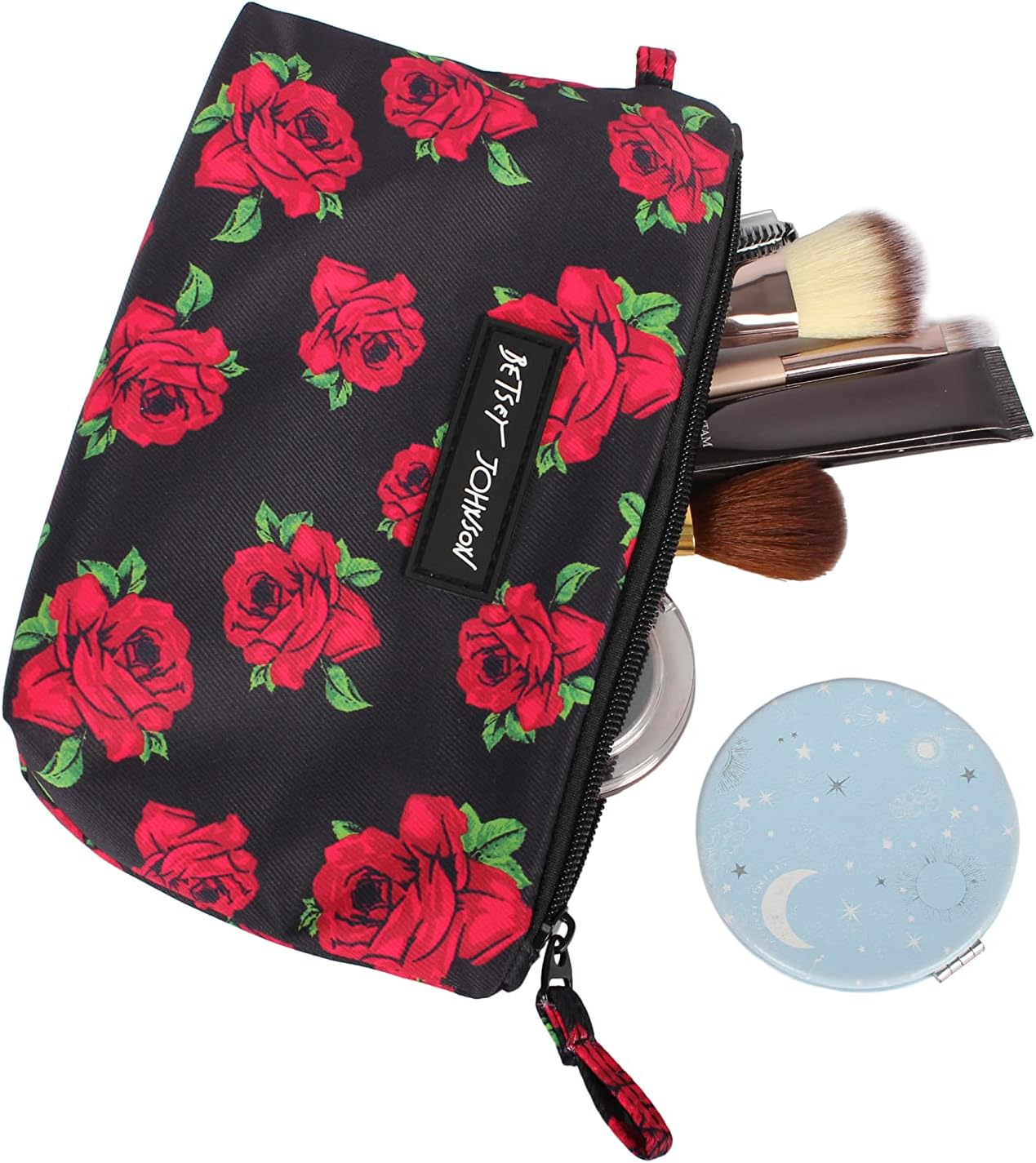 Betsey Johnson 8.5 Inch Zipper Cosmetic Pouch Small Toiletry Bag–Lightweight Durable Polyester Organizer with Inner Zipped Pocket Good For Makeup Accessories and Travel Needs (Covered Rose)