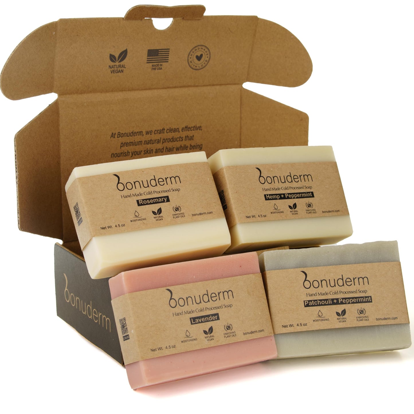 bonuderm Natural Bar Soap Variety Pack (4) for Women & Men – Peppermint, Patchouli, Lavender & Rosemary – Vegan, Moisturizing, Made Without Harsh Chemicals – Handmade in the USA
