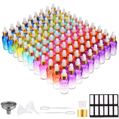 PrettyCare Eye Dropper Bottle 1 oz (99 Pack Rainbow Colored Glass Bottles 30ml with Golden Caps, Extra Plastic Measured Pipettes, Labels, Funnel) Empty Tincture Bottles for Essential Oils