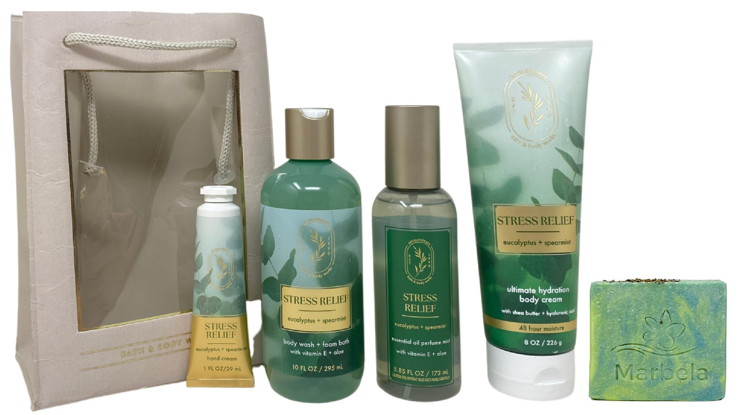 Bath & Body Works Aromatherapy Stress Relief Eucalyptus Spearmint Gift - Body Cream, Body Wash & Foam Bath, Essential Oil Perfume Mist and Hand Cream - with a Fresh Forest Bar Soap