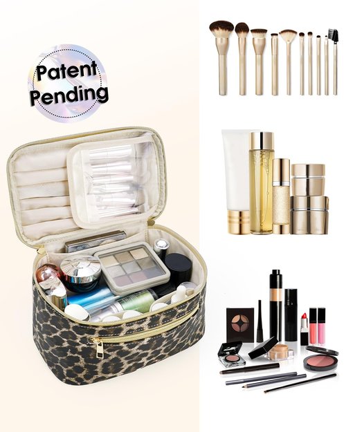 Wandering Nature Makeup Bag, Travel Make Up Organizer Cosmetic Brush Bags Case for Women in Vegan Leather, Leopard Print(Patent Pending)