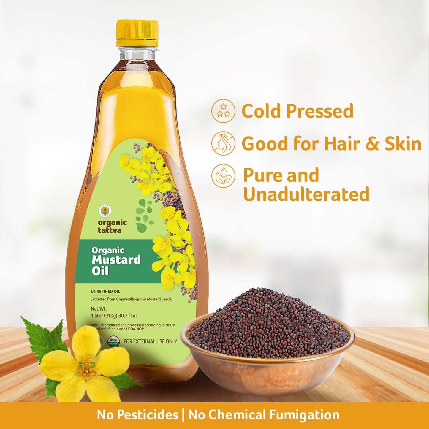 Organic Tattva Cold Pressed Mustard Oil (1 Litre) - Fresh Unrefined Organic Mustard Oil for Hair, Skin Care and Massage - Omega 3 Rich - No Added Preservatives - USDA Certified