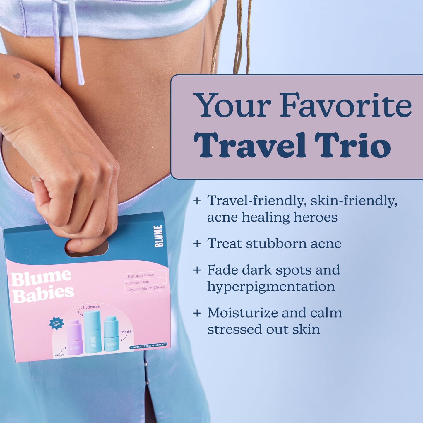 Blume Babies Travel Size Skin Care Set - Acne & Scar Treatment Travel Size Toiletries - Meltdown Acne Face Oil, Milky Fade Vitamin C Serum & Meltdown Gel Moisturizer - TSA-Approved Skincare Set (3 Ct)