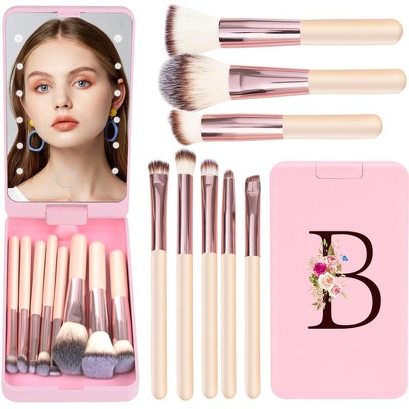 Mini 8-Piece,Initials Travel Makeup Brush Set With Led Light Mirror, Compact Travel Essentials,Monogrammed Gifts Suit,Give To Teen Girls And Young Women Perfect Gifts(Pink,B)