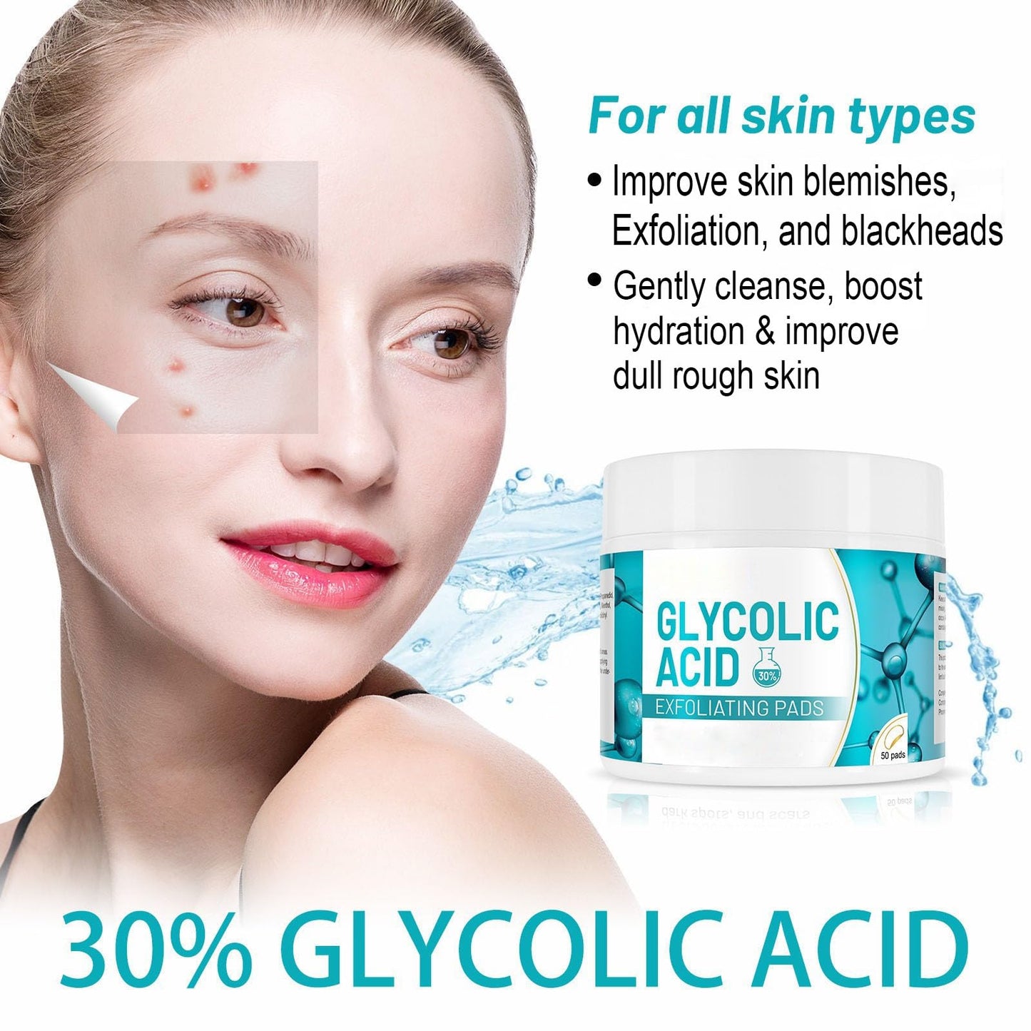 ARCHIDATE 30% Glycolic Acid Pads, Glycolic Acid Exfoliating Pad With Natural Extracts for Exfoliating Care, Rough Texture, Enlarged-Looking Pores, Oily-Looking Shine & Fine Line Appearance, 50 Pads