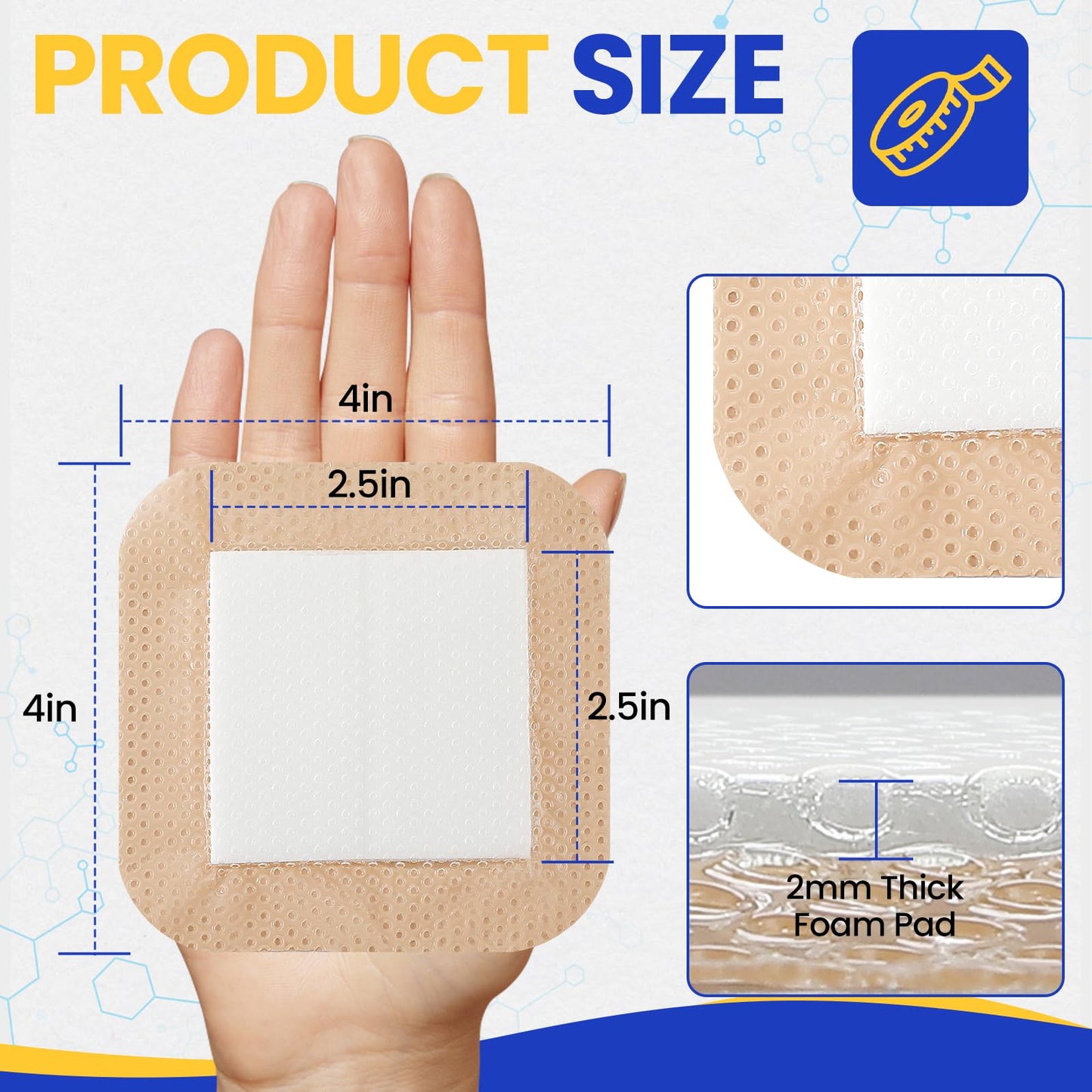 10 Pack Silicone Foam Dressing 4"x4" with Adhesive Border, High Absorbency Silicone Bandages, Waterproof Foam Bandages for Wounds Care, Bed Sore, Diabetic Foot Ulcers