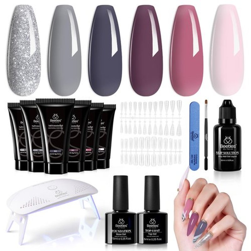 Beetles Poly Nail Extension Gel Kit, 6 Colors Nude Pink Purple Glitter Sliver Grey Poly Nail Gel Starter Kit with UV Lamp Beetles Builder Gel Nail Art Set Home DIY Gifts for Women