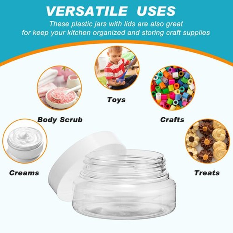 Tessco 24 Pack Plastic Jars with Lids Labels Plastic Containers Round Refillable Cosmetic Containers Empty Body Butter Jars Sugar Scrub Containers for Cosmetics (White,5 oz)