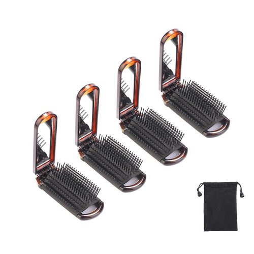 Yusong Mini Travel Hair Brush Set - Folding Hairbrush with Compact Mirror for Women, Pocket-Size Comb for Purse, Gym, Trip, and Swimming Pack of 4