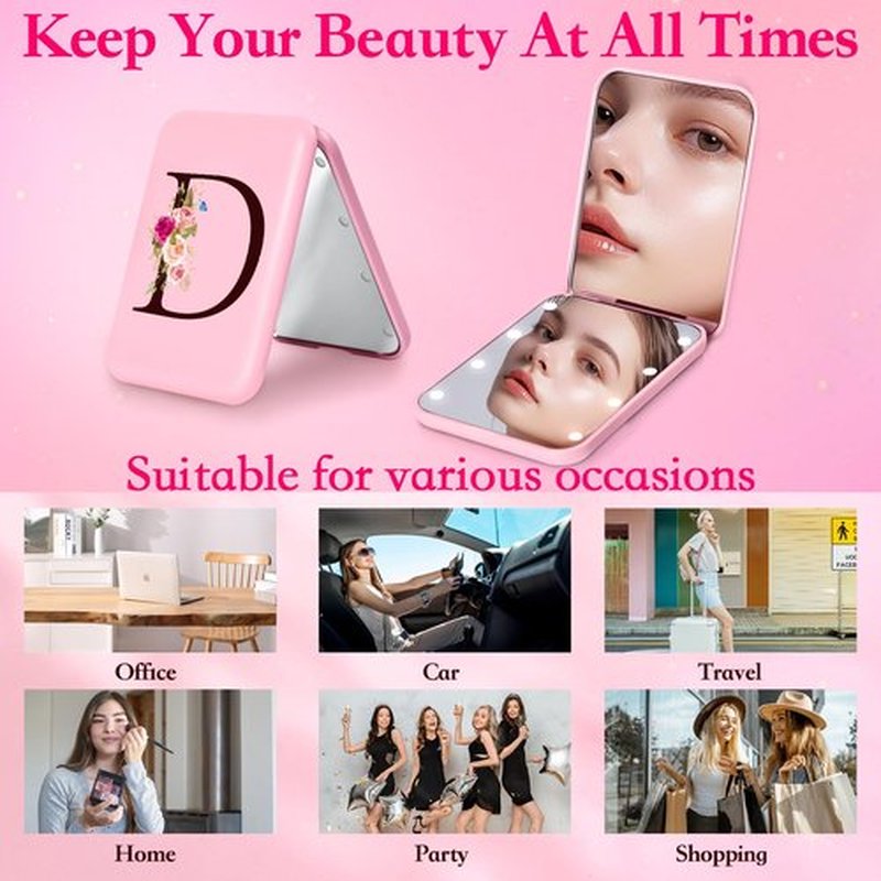 KEWWADB Travel Mirror with Lights, Initials Portable Compact Mirror, Travel Essentials, Suitable for Teen Girls, Young Women Gifts Ideas, Birthdays Gifts(Pink) (D)