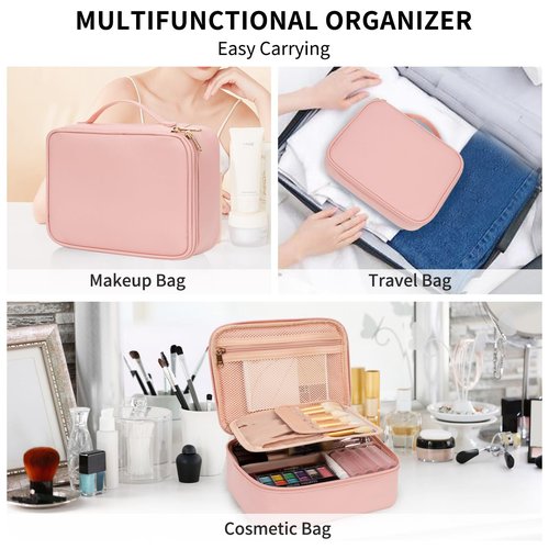 OCHEAL Makeup Bag, Potable Make up Bag Cute Makeup Organizer Bag for Toiletry Cosmetics Accessories with Divider and Brushes Compartments, Makeup Travel Case Cosmetic Bags Women and Girls-Pink