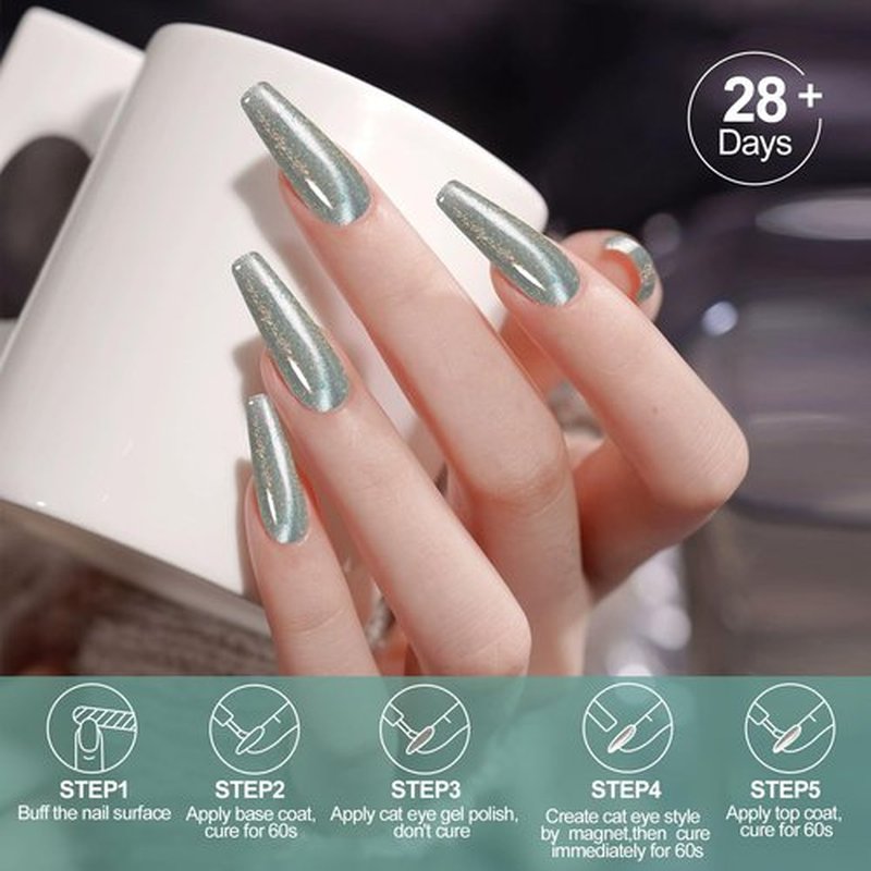 Adhere 4Pcs 12ML Glitter Sequins Cat Eye Soak Off UV LED Gel Nail Polish,Iridescent Aurora Flowing Sand Mica Crystals,Sparkling Diamond Magnetic Shining Jewel Shine Color with Magnet
