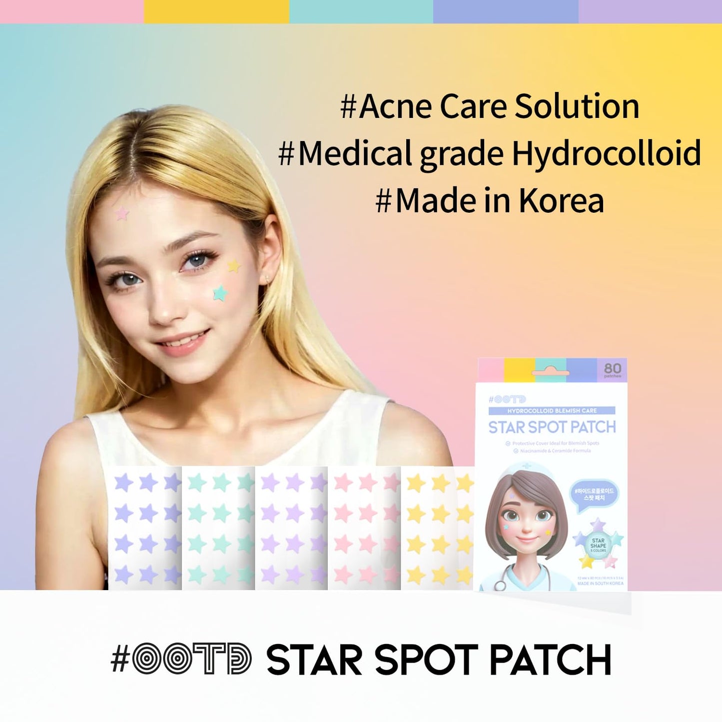 #OOTD Star Pimple Patches – Hydrocolloid Acne & Spot Patch for Face, Cute Pastel Colors, Niacinamide & Ceramide, K-Beauty Skincare – Stocking Stuffer for Teen Girls – 80 Count