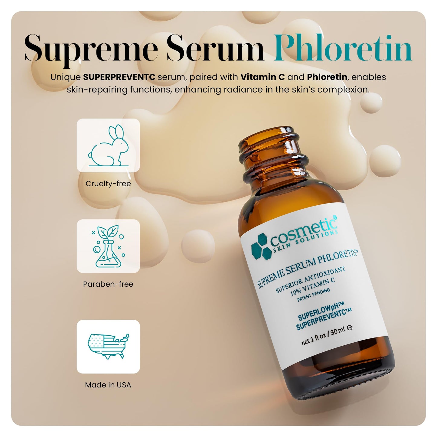 Supreme Serum Phloretin – Vitamin C & Phloretin Antioxidant Formula with Hyaluronic Acid & Glutathione – Anti-aging, Firming & Hydrating Face Treatment for Radiant, Even Skin Tone – 2 fl oz