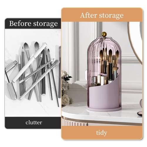 Zufudo Makeup Brush Holder Organizer with Lid 360° Rotating Makeup Organizer Countertop Dustproof Cosmetics Organizer for Vanity Bathroom, Pink Purple