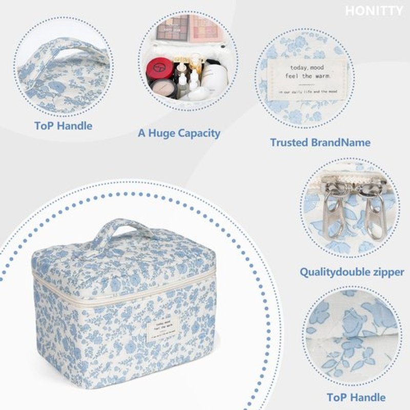 Makeup Bag,Quilted Cosmetic Bag,Large Floral Make Up Bag for Women,Cotton Makeup Bag,Flower Travel Toiletry Bag