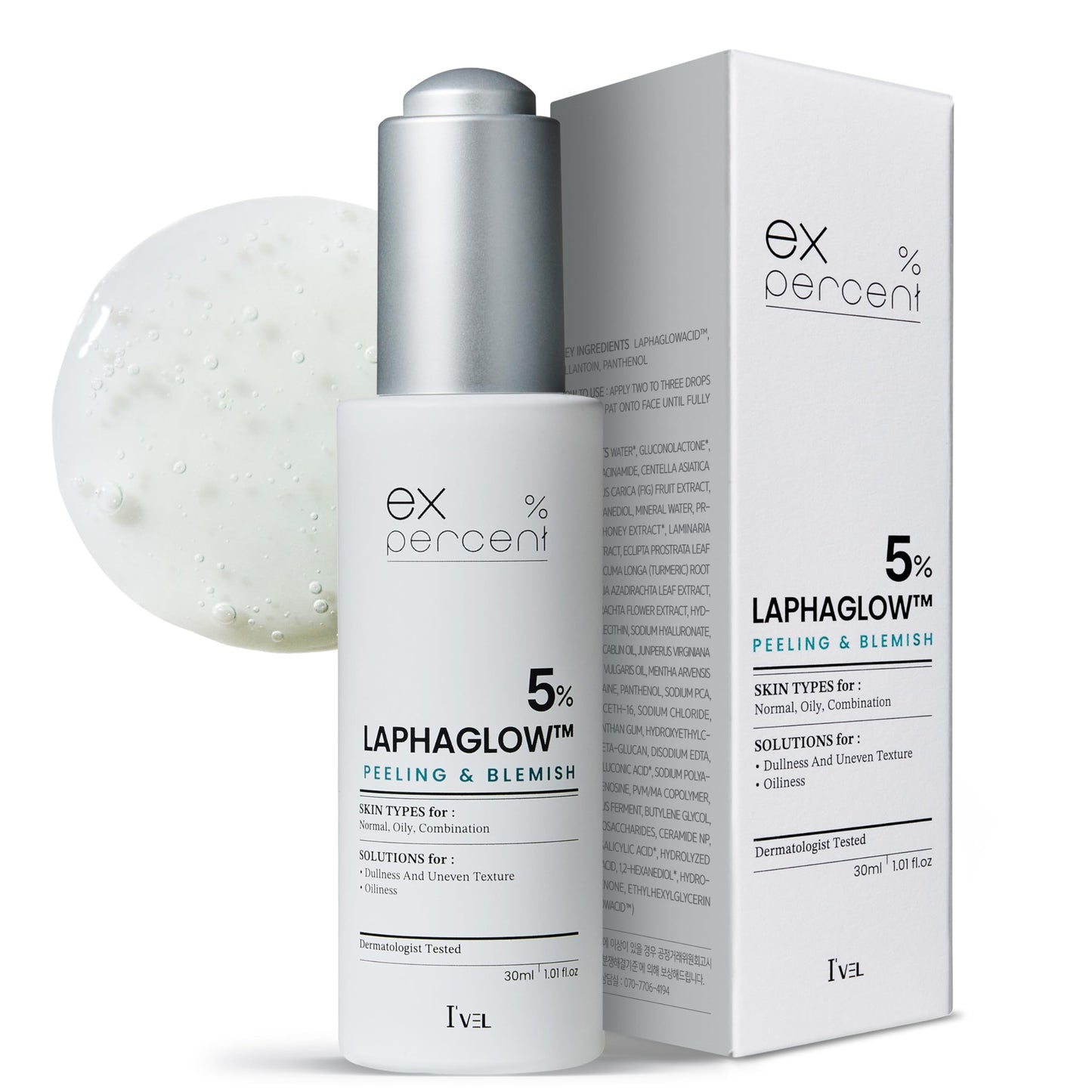 I'VEL EX.PERCENT LAPHAGLOWACID 5% Ampoule For Face, PHA, LHA, Patented ingredients gently remove dead skin cells, improve rough skin texture, panthenol, 30ml