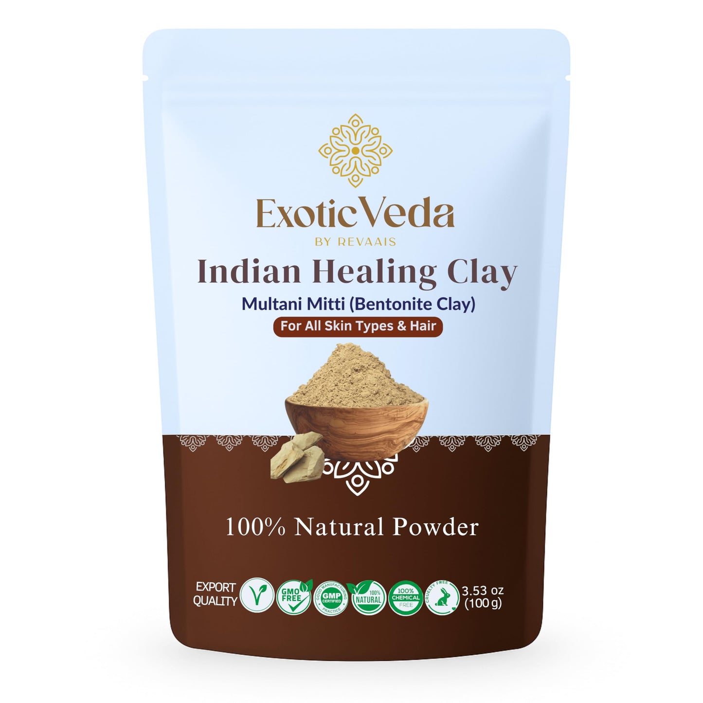 Exotic Veda Indian Healing Powder 100g | Natural Calcium Bentonite Clay & Multani Mitti | Face & Body Mask for Smooth, Radiant Skin | Pore Care, Oil Control, Hair & Scalp Care | Vegan & Cruelty-Free