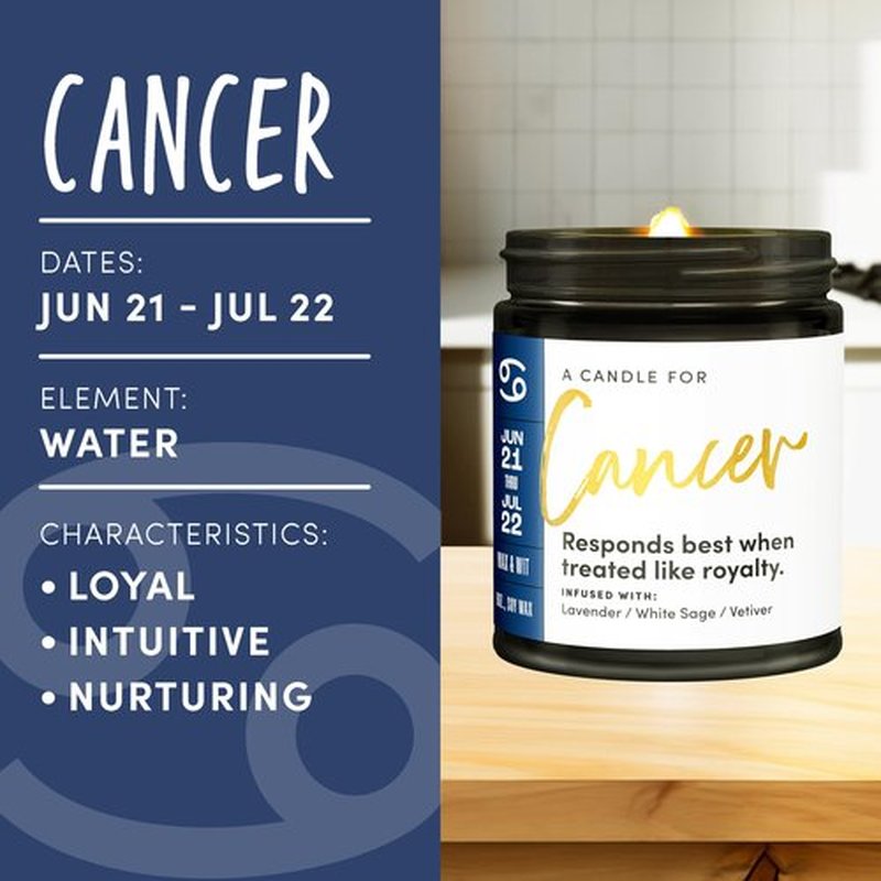 WAX & WIT Cancer Zodiac Gifts for Women, Astrology Gifts for Women, Zodiac Candles, Cancer Candle, June Birthday Gifts for Women, July Birthday Gifts for Women, Astrology Candle, Birthday Candle - 9oz