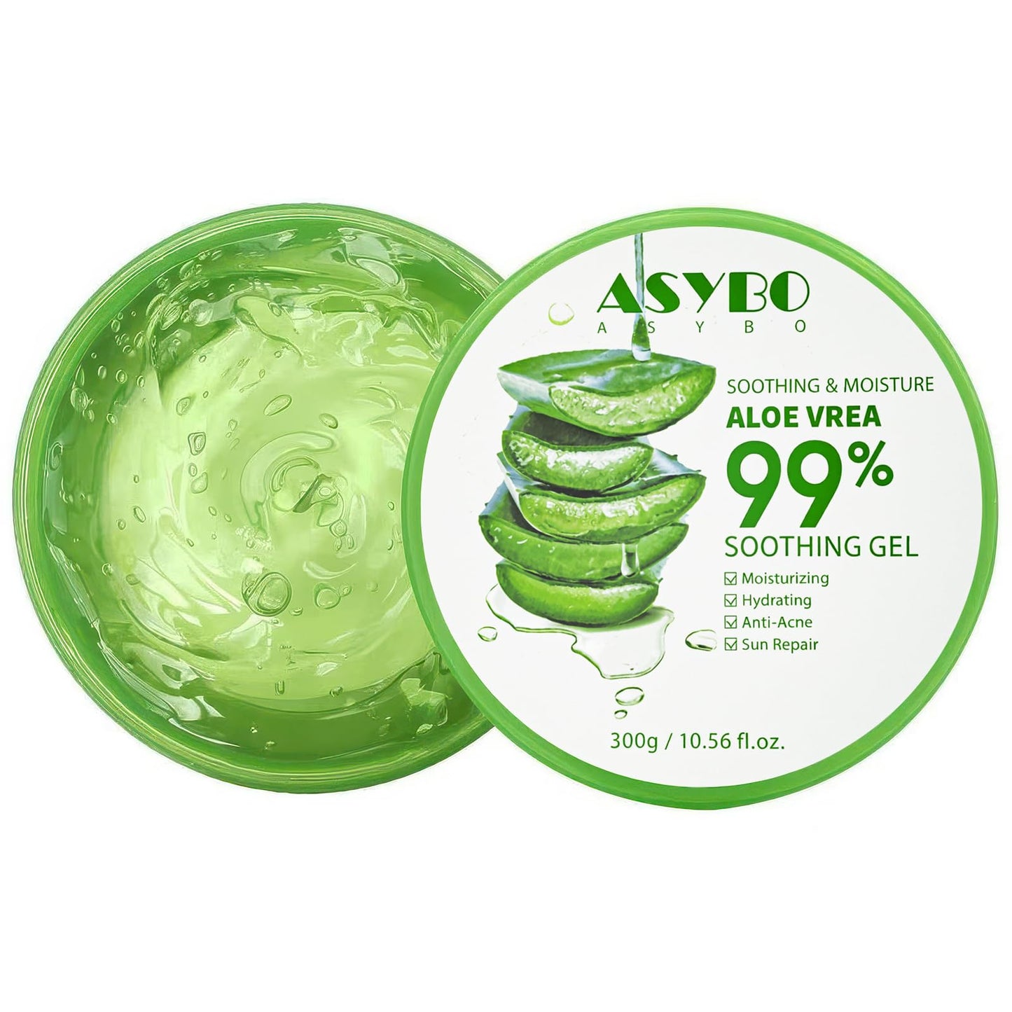 ASYBO 300 ML Natural Aloe Vera Gel -Organic Moisturizing Cream, Soothing and Hydrating, Sunburn and Scar Repair, Care for Face Body Hair