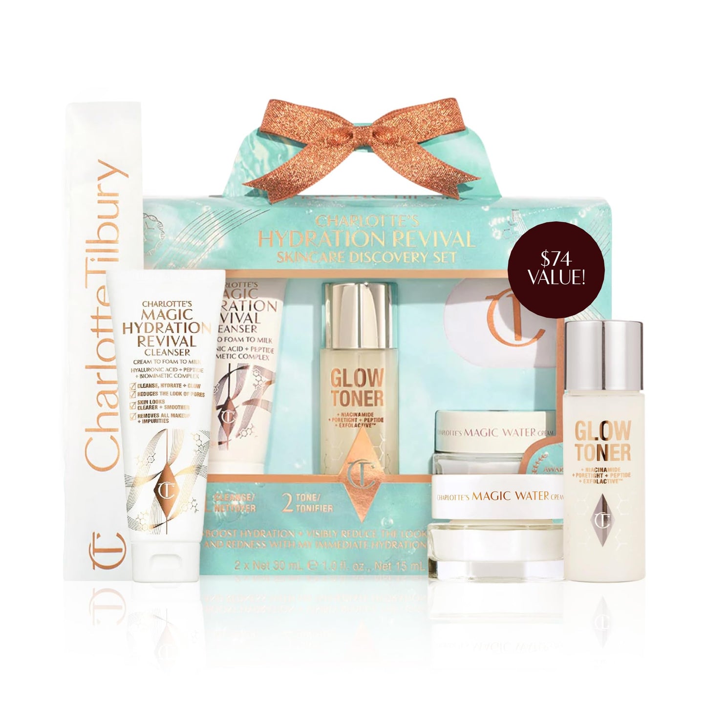 Charlotte Tilbury Hydration Revival Skincare Discovery Set - Travel Size Skincare Kit with Magic Hydration Revival Cleanser, Glow Toner and Magic Water Cream