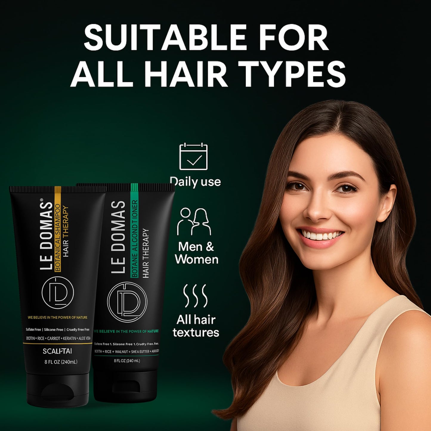 LE DOMAS Botanical Shampoo and Conditioner Set – Sulfate Free Natural Therapy with Biotin, Aloe Vera & Rice - Moisturizing Hair Growth & Repair Formula for Dry, Curly & Color Treated Hair, 8oz Each