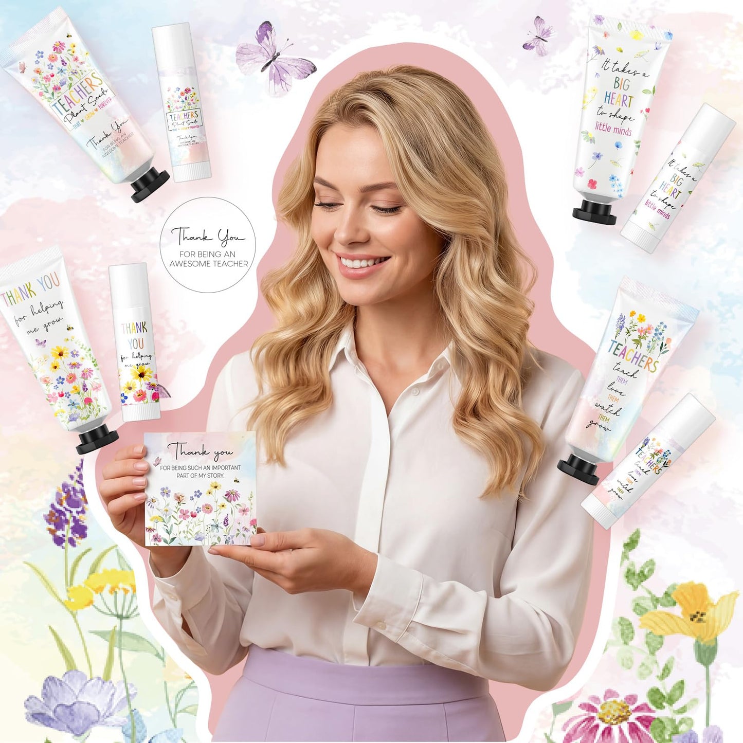 Heigble 12 Sets Wildflower Teacher Appreciation Gifts Include Hand Cream Lip Balm Bulk Organza Bags Thank You Cards, Thank You Teacher Graduation Watercolor Flowers Theme Gifts Party Favors for Women