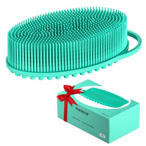 Metene Silicone Exfoliating Body Scrubber with Loop, Body Scrubber for Men and Women, Silicone Loofah for Shower, Soft Silicone Body Scrubber for Shower and Bath Skincare Routine(Green)
