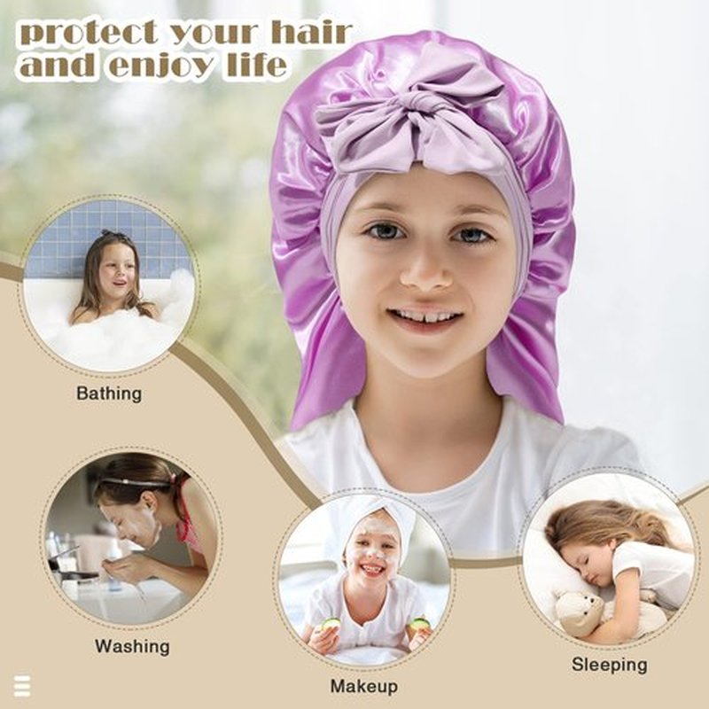 Kids Long Hair Bonnet for Sleeping - Double Layer Girls Elastic Satin Bonnet with Tie Band for Braid Curly Hair (Little Purple)