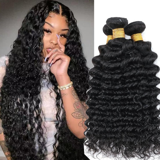 Human Hair Bundles 12A Brazilian Deep Wave Human Hair Bundles 20 22 24inch 100% Unprocessed Virgin Human Hair Deep Wave Curly Water Wave Wet and Wavy Weave Raw Bundles Deals Natural Black