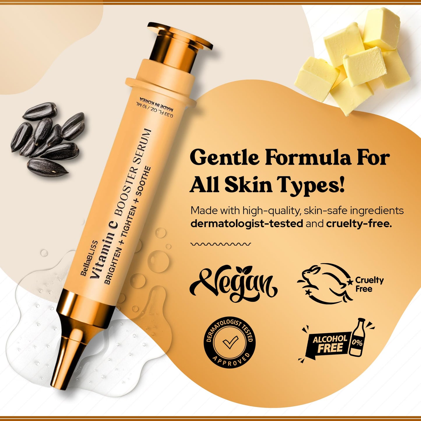 BellaBLISS 24K Gold Vitamin C Eye Serum – Lightweight Under Eye Treatment for Puffiness, Fine Lines & Soothing – Hydrating Formula with Glycerin – Made in Korea – 0.33 fl oz / 10 ml – Pack of 1