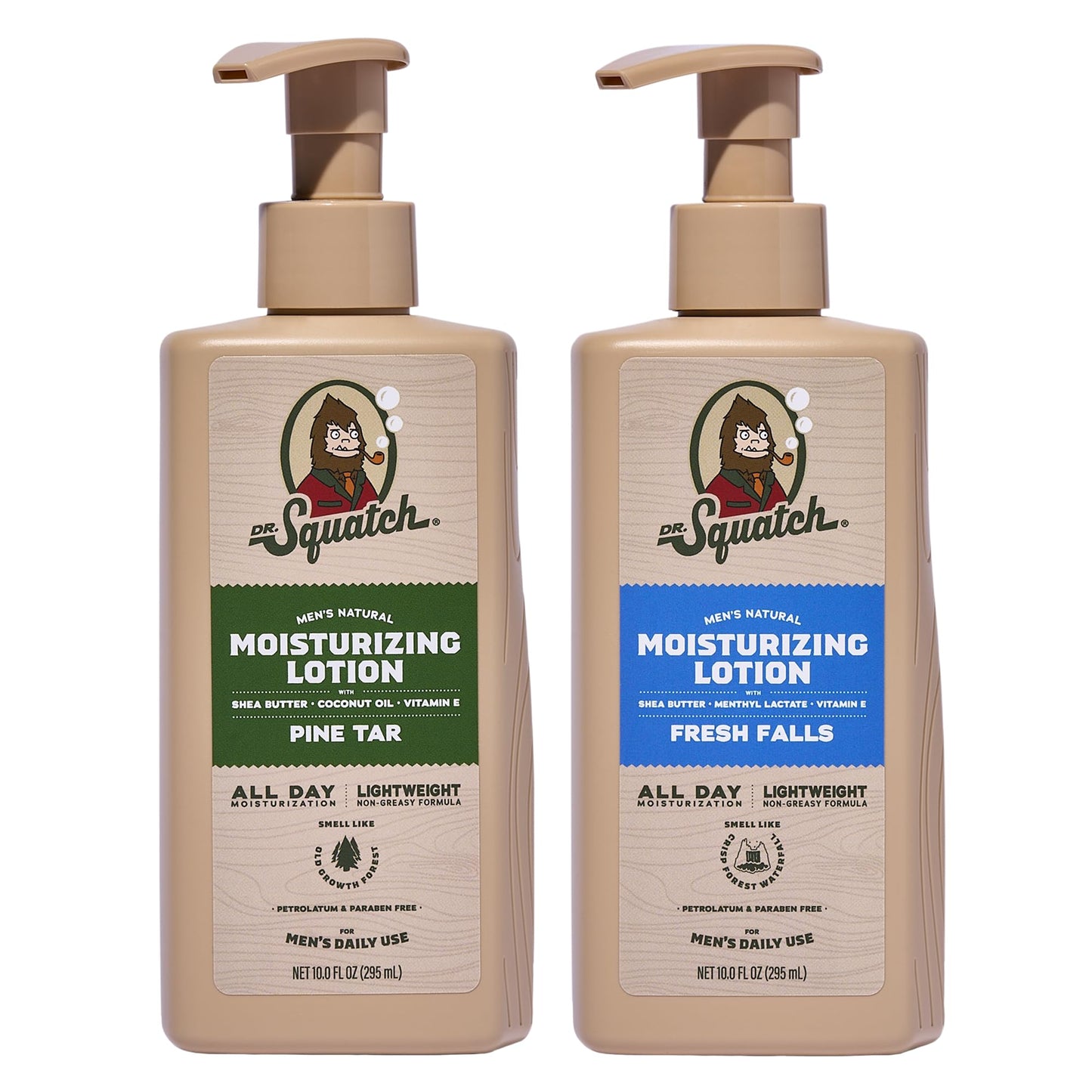 Dr. Squatch Natural Hand and Body Lotion for Men - Made with Shea Butter, Coconut Oil, Vitamin E for 24-Hr Moisturization - Pine Tar & Fresh Falls (10 fl oz, 2-Pack)