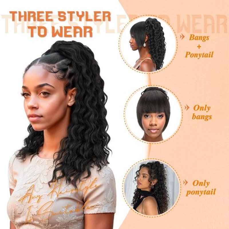 Rafabcici Ponytail Extension with Bangs,Yaki Curly Drawstring Ponytail Extension for Women 20 Inch Long Wavy Layered Pony Tails Hair Extensions Synthetic Clip in Ponytail Hairpiece for Women(T30)