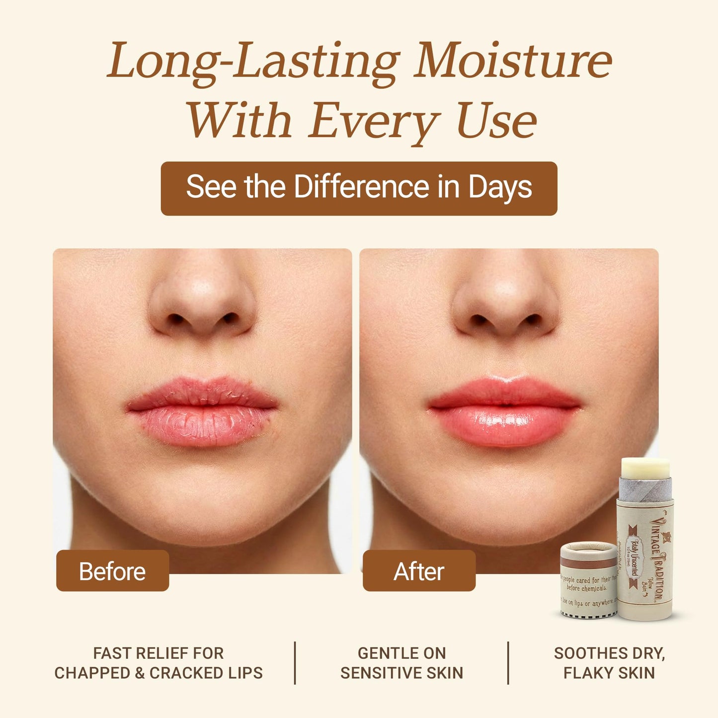 Vintage Tradition Moisturizing Beef Tallow Lip Balm – Unscented Tube Lip Moisturizer for Sensitive Skin Hydrates & Soothes Dry Lips – Grass-Fed Tallow Balm for Skin Care, 0.5 Fl. Oz.