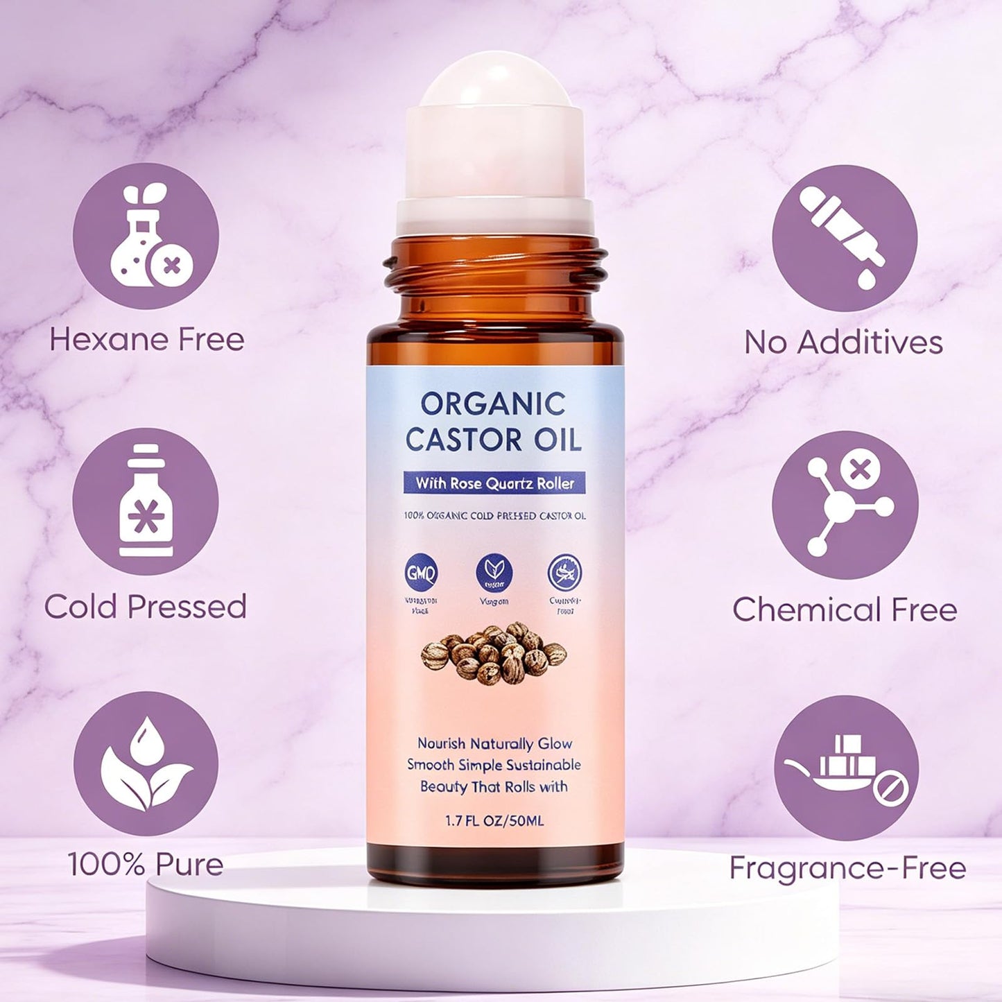 Omexry Organic Castor Oil Rose Quartz Roller Ball - Cold-Pressed Castor Oil Roll On, Rose Quartz Roller Olis for Hair Face & Body, Skin Moisturizing & Reduces Fine Lines (1PC)