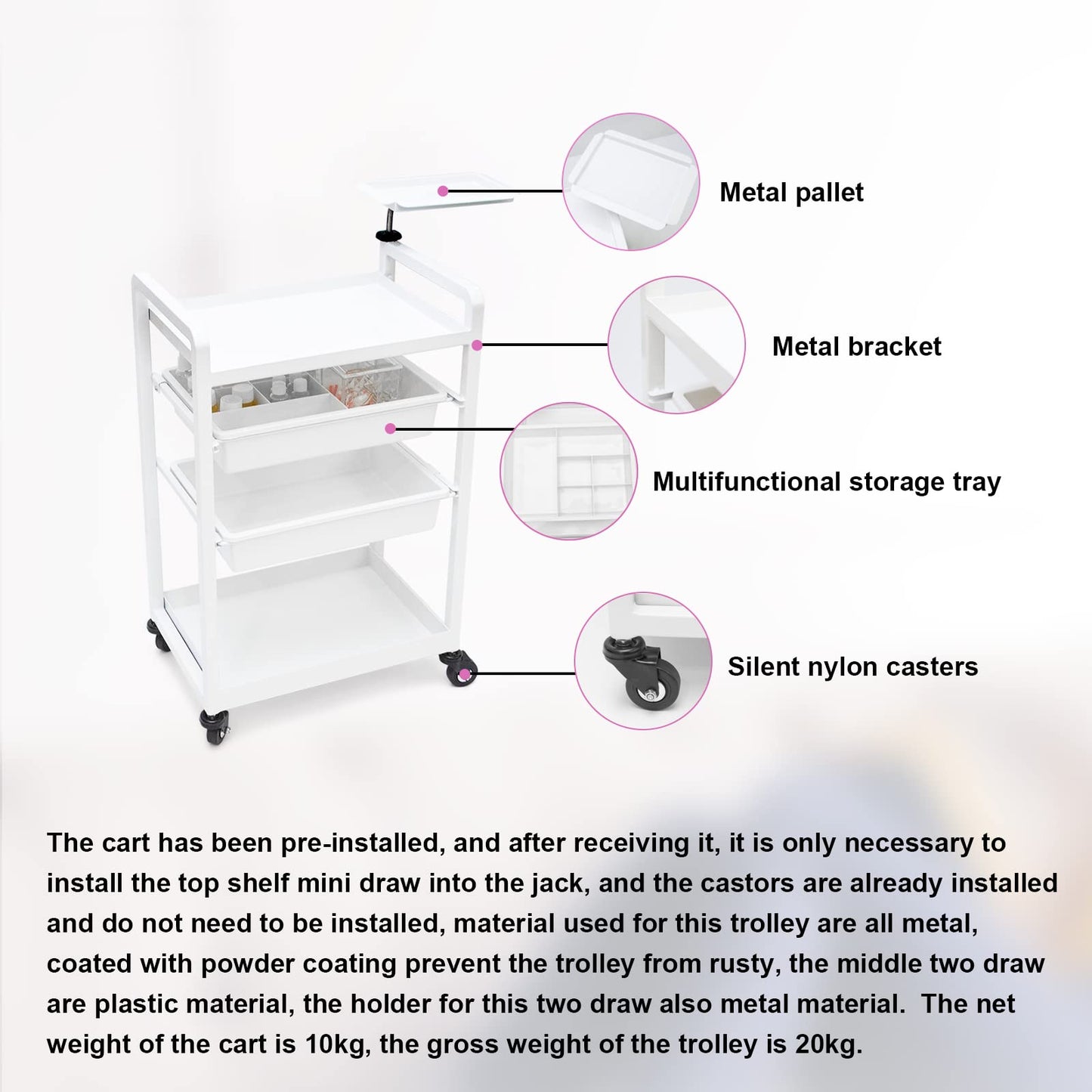Lash Cart Beauty Eyelashes Cart Organizer Esthetician Utility Trolley Salon Spa Rolling Trolley with Wheels Metal Storage Tray Fully Assembled 4 Drawers White Elitzia ETST19