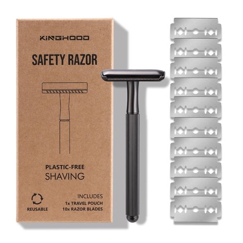 KINGHOOD Brass Safety Razor with 10 Blades,One Blade Razor Reusable Razor Eco-Friendly Razor Long Handle & Weighted Razor,Double Edge Razor Single Blade Razor for Sensitive Skin